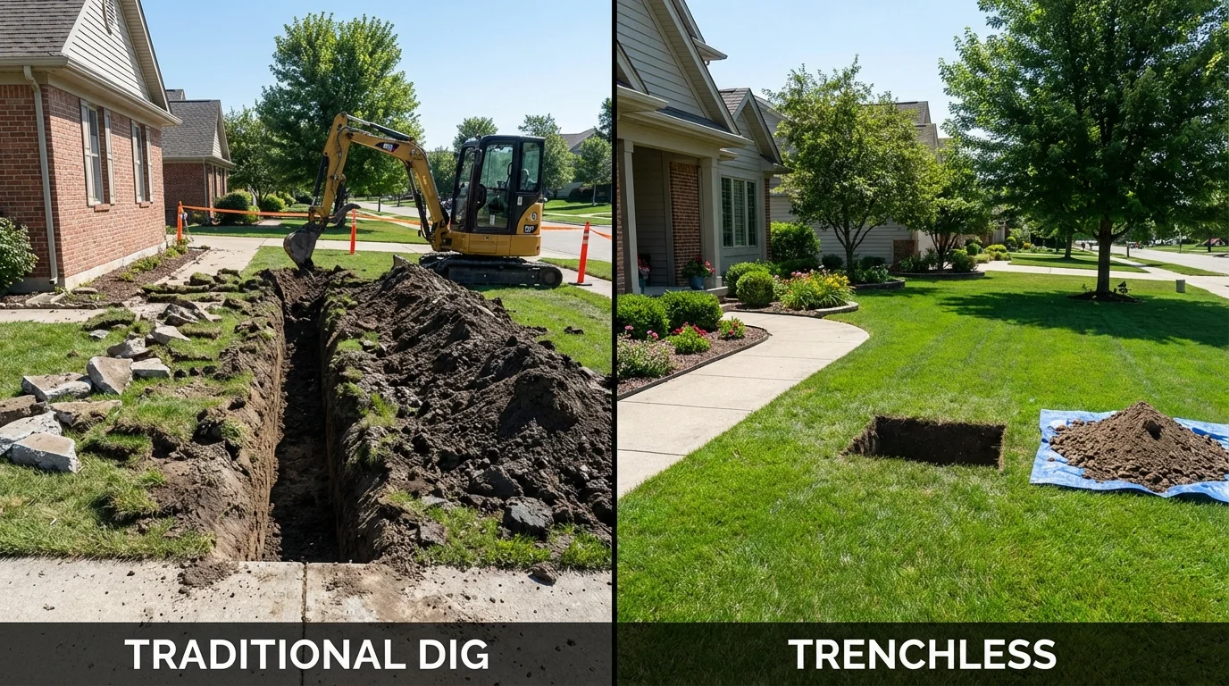 Trenchless sewer repair with minimal yard damage versus traditional excavation in Kimberly, ID